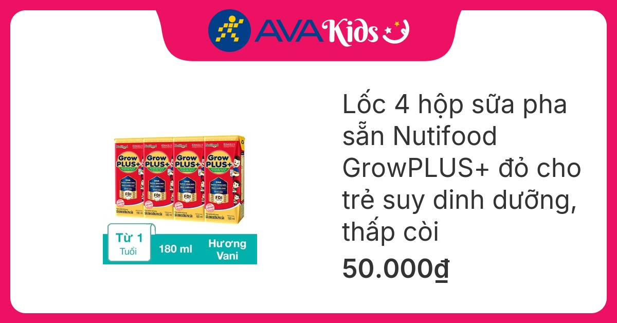 Lốc 4 hộp sữa pha sẵn Nutifood GrowPLUS+ đỏ hương vani 180 ml cho trẻ suy dinh dưỡng, thấp còi (từ 1 tuổi) hover