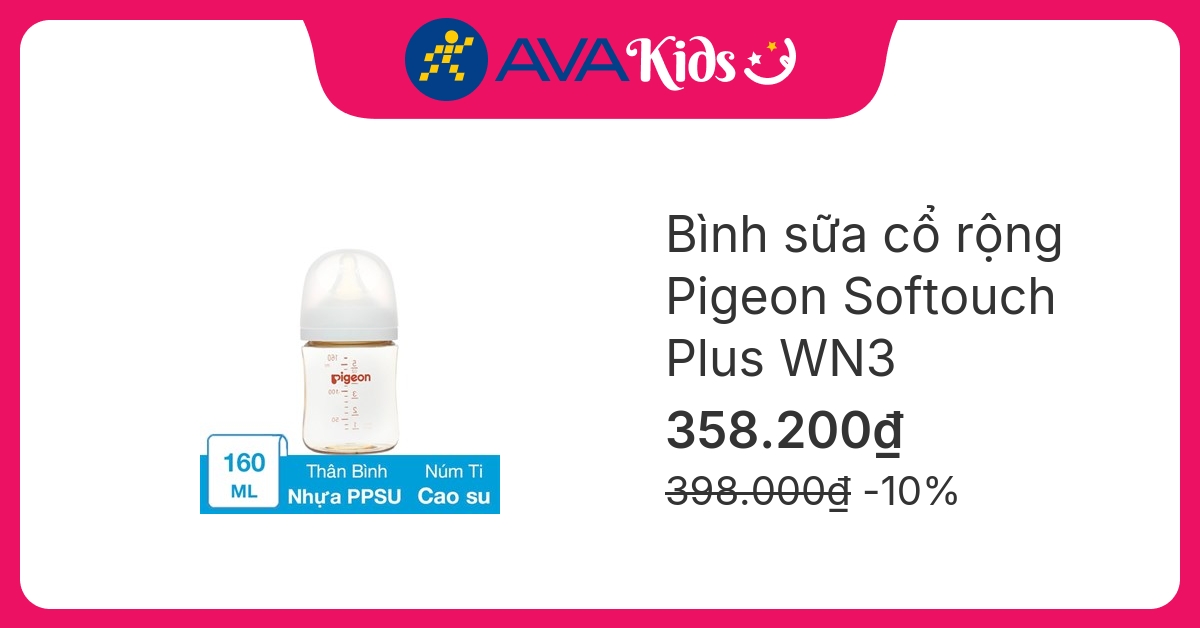 Bình sữa nhựa PPSU Pigeon Softouch Plus WN3 cổ rộng 160 ml (0 - 3 tháng)