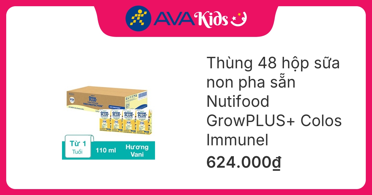 Thùng 48 hộp sữa non pha sẵn Nutifood GrowPLUS+ Colos Immunel hương vani 110 ml (từ 1 tuổi)