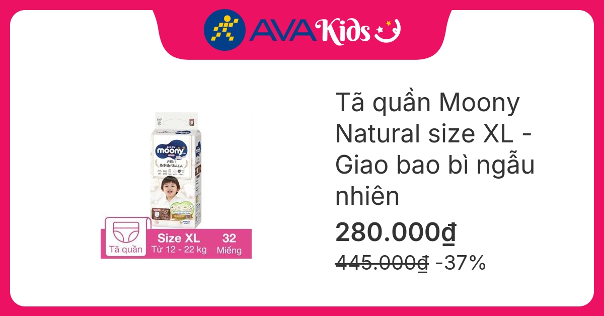 Tã quần Moony Natural size XL 32 miếng (12 - 22 kg) - Giao bao bì ngẫu nhiên