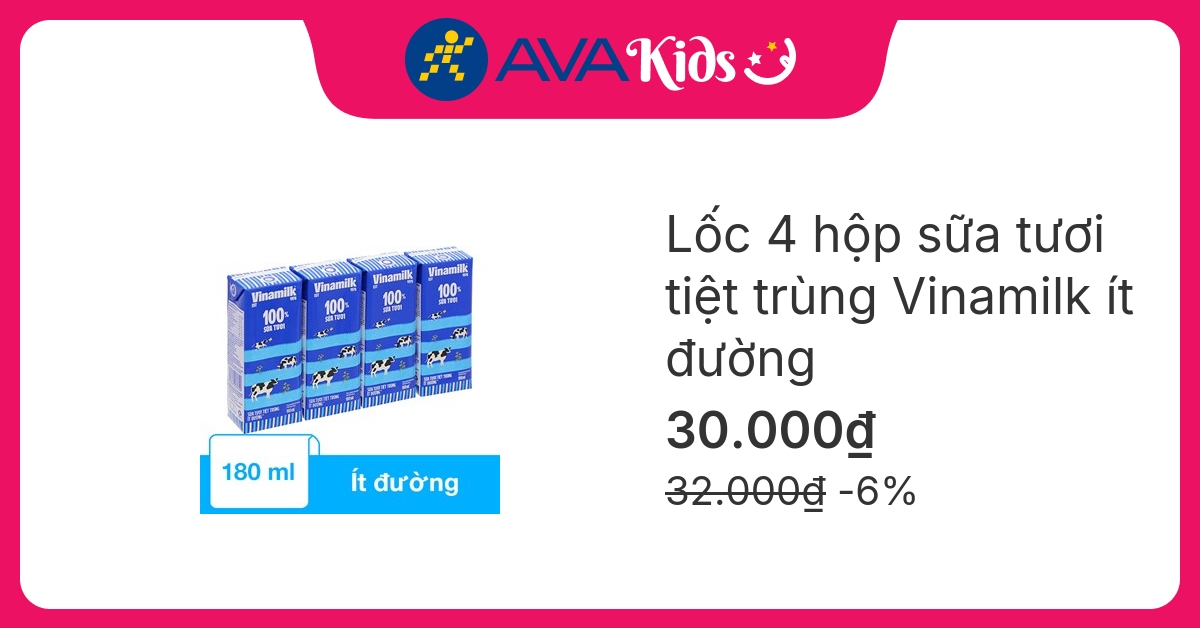 Lốc 4 hộp sữa tươi tiệt trùng Vinamilk ít đường 180 ml (từ 1 tuổi)