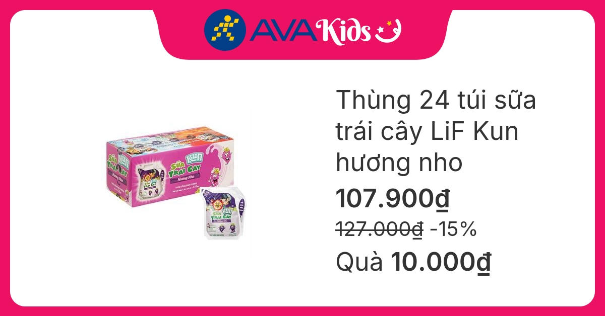 Thùng 24 túi sữa trái cây LiF Kun hương nho 110 ml (từ 3 tuổi)