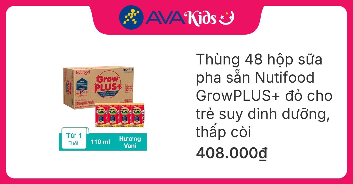 Thùng 48 hộp sữa pha sẵn Nutifood GrowPLUS+ đỏ hương vani 110 ml cho trẻ suy dinh dưỡng, thấp còi (từ 1 tuổi) hover