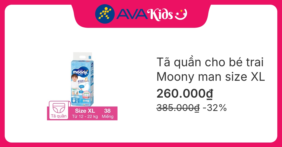 Tã quần cho bé trai Moony man size XL 38 miếng (12 - 22 kg)