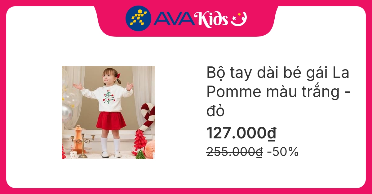 Bộ tay dài bé gái La Pomme màu trắng - đỏ