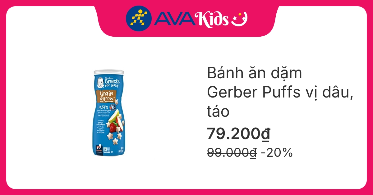 Bánh ăn dặm Gerber Puffs vị dâu, táo lon 42g (từ 8 tháng)