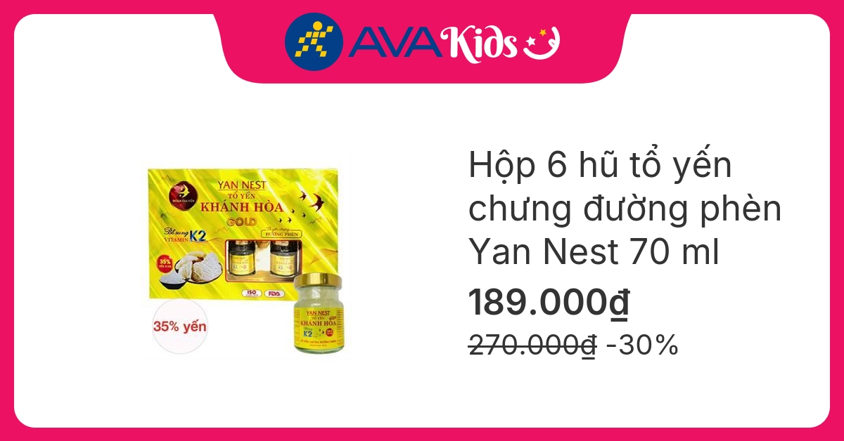 Hộp 6 hũ tổ yến chưng đường phèn Yan Nest 70 ml (từ 2 tuổi)