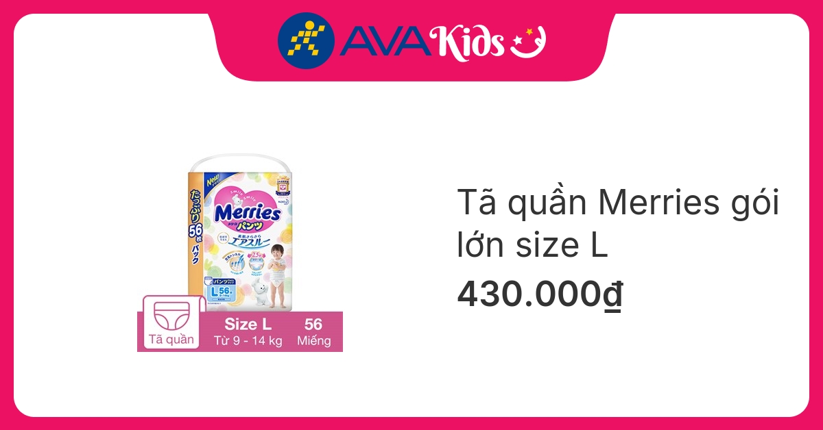 Tã quần Merries gói lớn size L 56 miếng (9 - 14 kg)