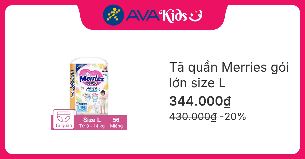 Tã quần Merries gói lớn size L 56 miếng (9 - 14 kg)