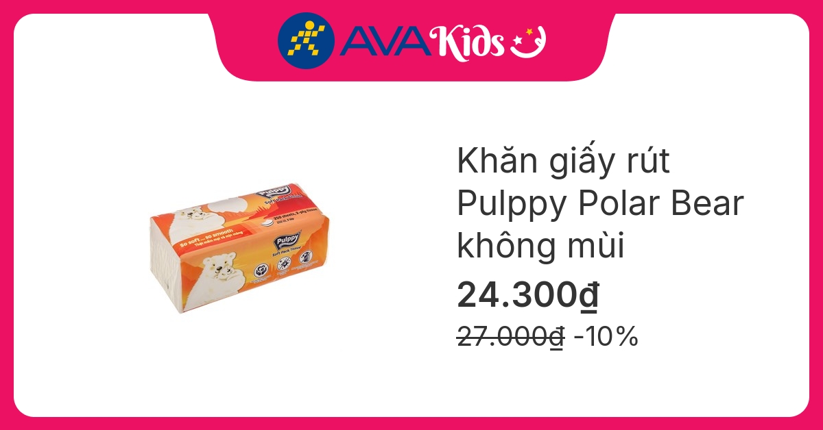 Gói 250 tờ khăn giấy rút Pulppy Polar Bear không mùi 2 lớp