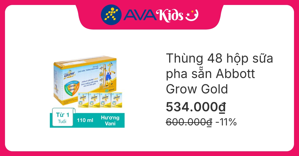 Thùng 48 hộp sữa pha sẵn Abbott Grow Gold hương vani 110 ml (từ 1 tuổi) hover