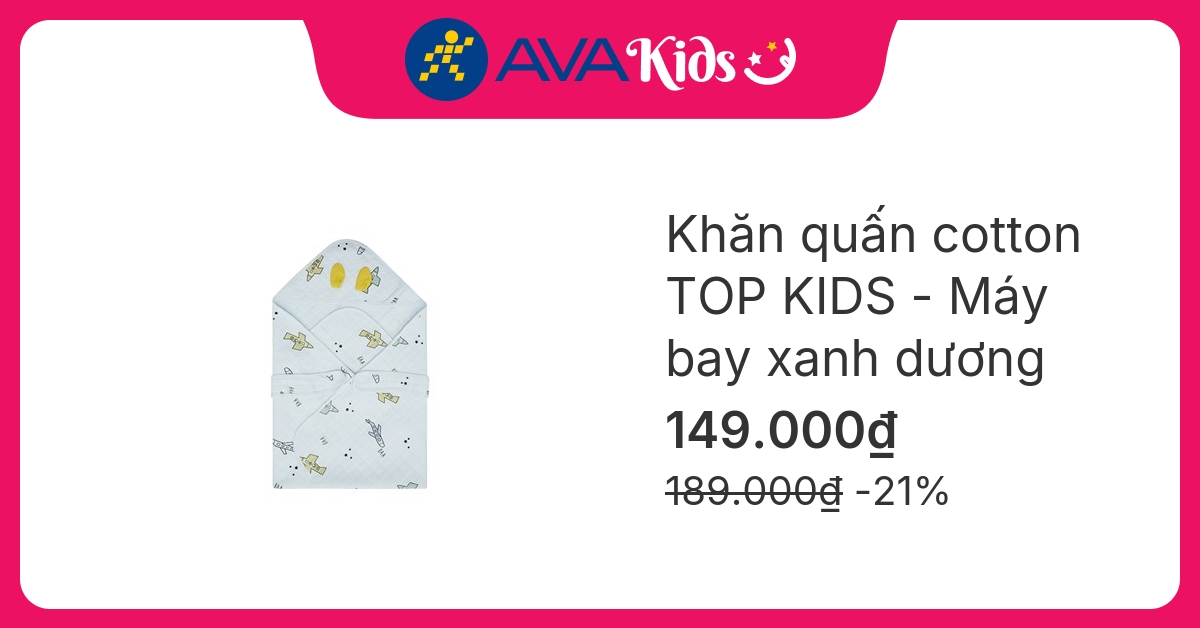 Khăn quấn cotton TOP KIDS 90x90 cm - Máy bay xanh dương