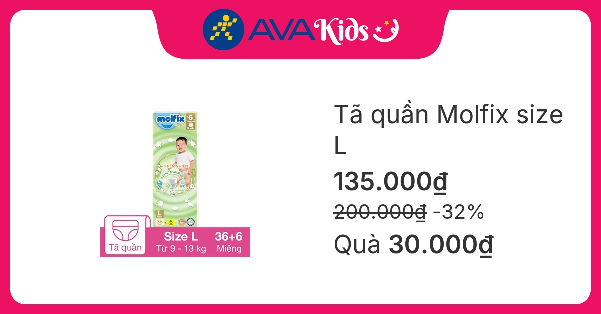 Tã quần Molfix thiên nhiên size L 36 + 6 miếng (9 - 13 kg)