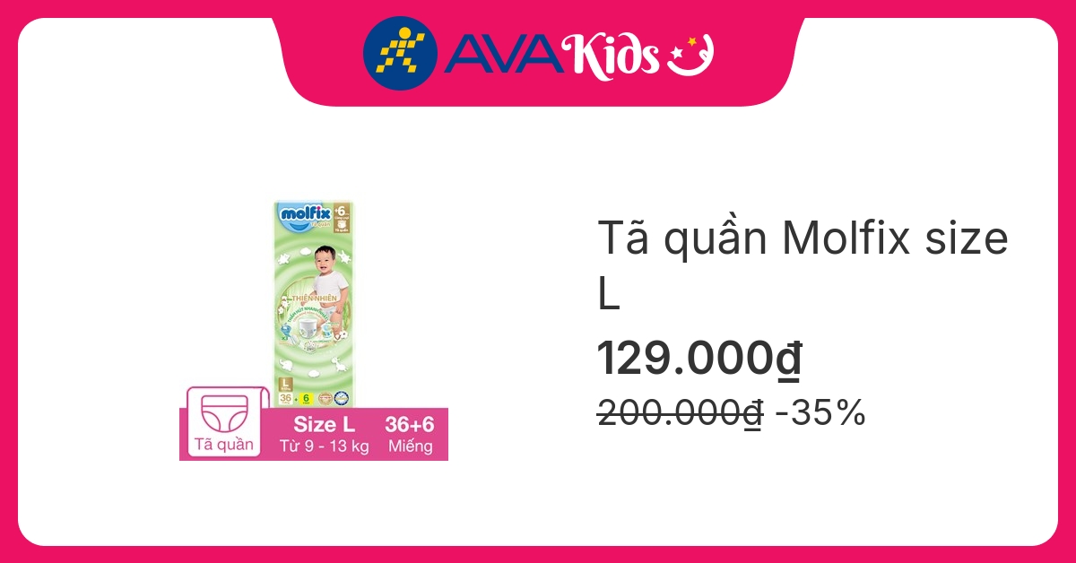 Tã quần Molfix thiên nhiên size L 36 + 6 miếng (9 - 13 kg)