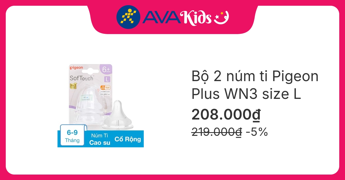 Bộ 2 núm ti Pigeon siêu mềm Plus WN3 cổ rộng size L (6 - 9 tháng)
