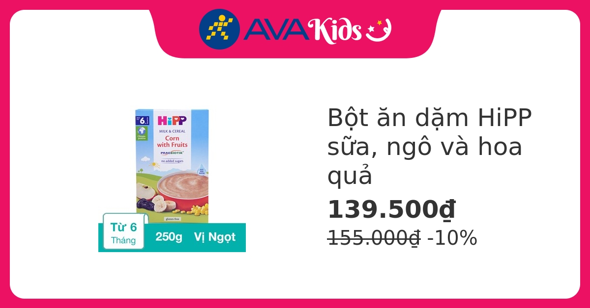 Bột ăn dặm HiPP sữa, ngô và hoa quả hộp 250g (từ 6 tháng)