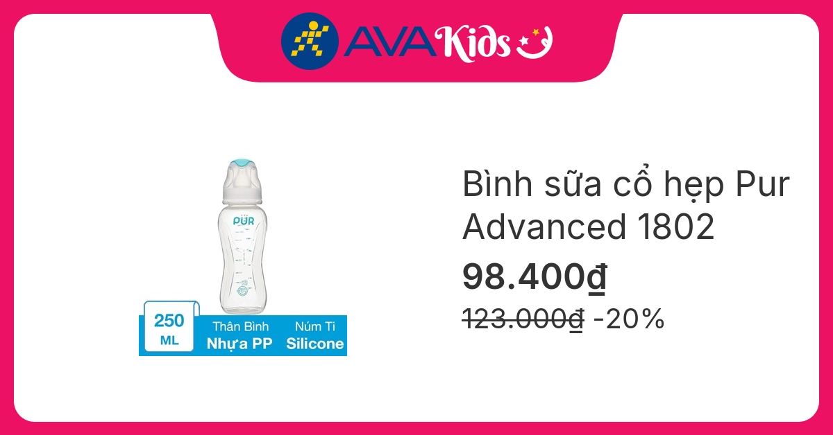 Bình sữa nhựa PP Pur Advanced 1802 cổ hẹp 250 ml (3 - 6 tháng)