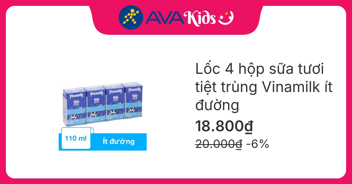 Lốc 4 hộp sữa tươi tiệt trùng Vinamilk ít đường 110 ml (từ 1 tuổi)