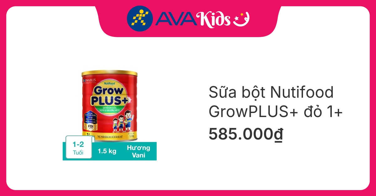 Sữa bột Nutifood GrowPLUS+ đỏ 1+ hương vani 1.5 kg (1 - 2 tuổi) dành cho trẻ suy dinh dưỡng, thấp còi