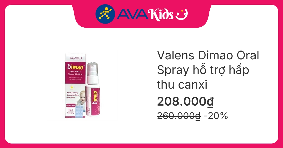 Valens Dimao Oral Spray hỗ trợ hấp thu canxi hương dâu, 25 ml dạng xịt (từ 0 tháng)