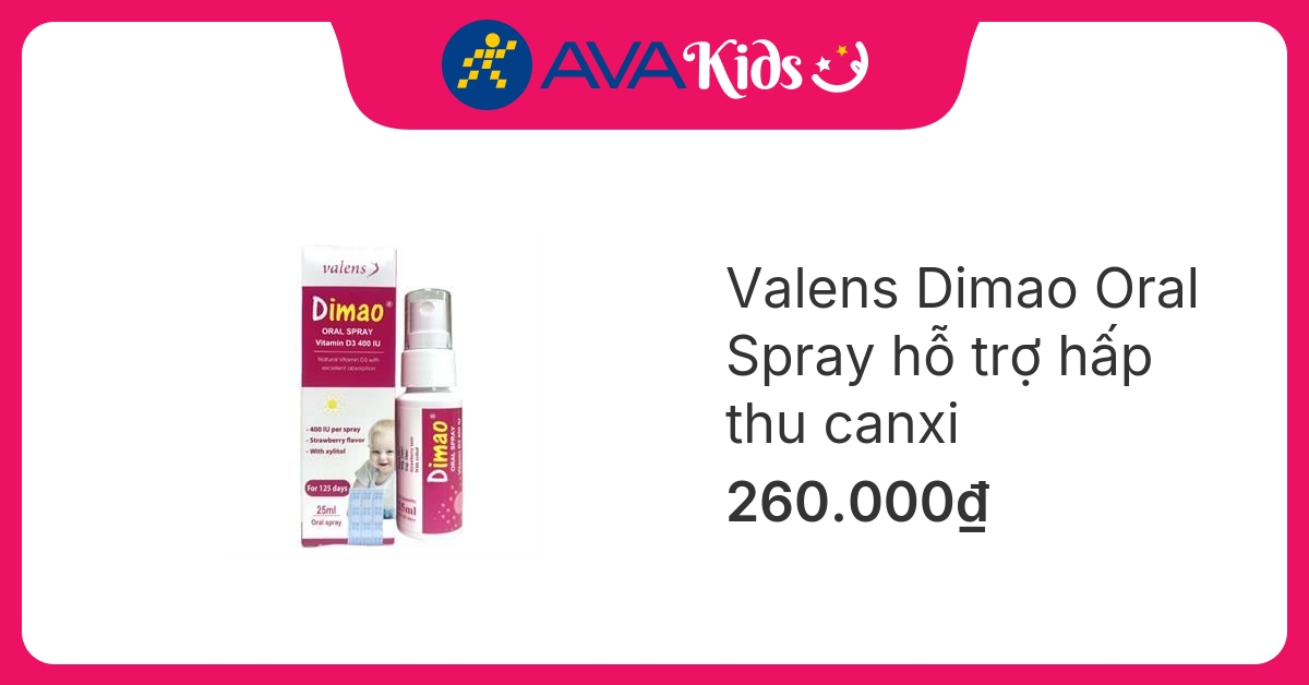 Valens Dimao Oral Spray hỗ trợ hấp thu canxi hương dâu, 25 ml dạng xịt (từ 0 tháng)