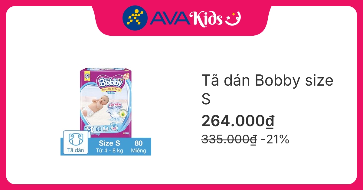 Tã dán Bobby size S 80 miếng (4 - 8 kg)