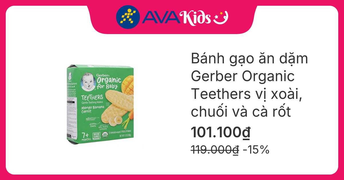 Bánh gạo ăn dặm Gerber Organic Rice Cracker vị xoài, chuối và cà rốt hộp 48g (từ 7 tháng) hover