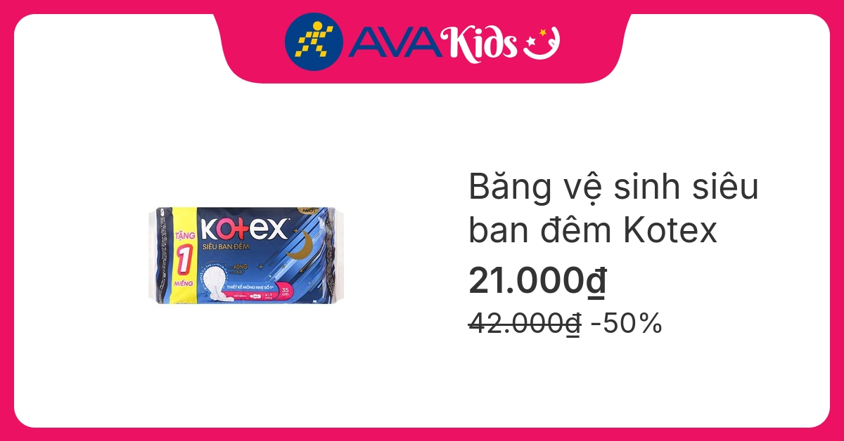 Băng vệ sinh siêu ban đêm Kotex mỏng nhẹ có cánh 8 miếng tặng 1