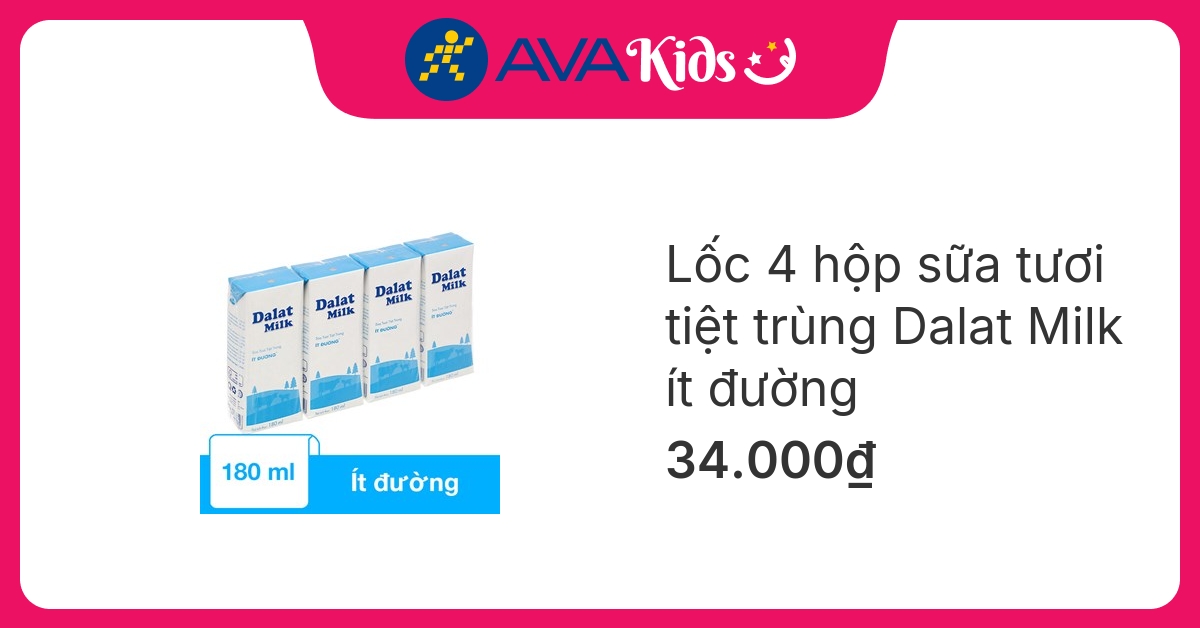 Lốc 4 hộp sữa tươi tiệt trùng Dalat Milk ít đường 180 ml (từ 1 tuổi)