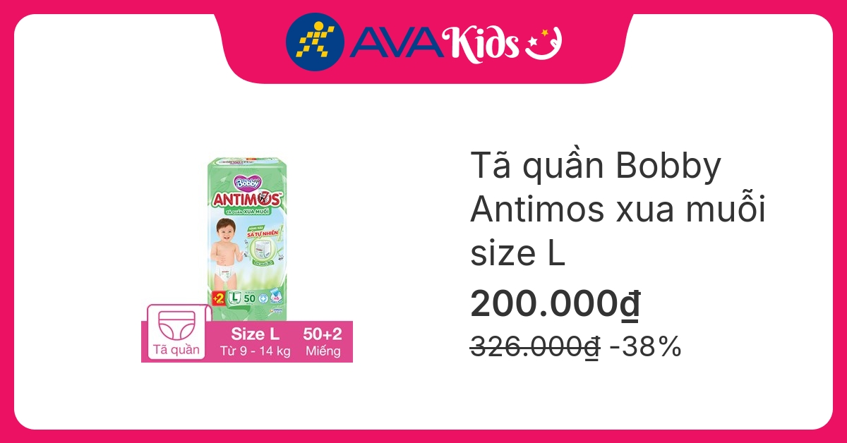 Tã quần Bobby Antimos xua muỗi size L 50 + 2 miếng (9 - 14 kg)