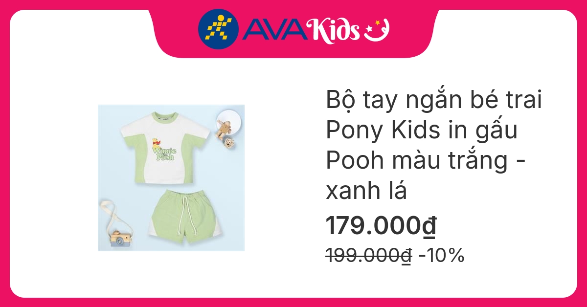 Bộ tay ngắn bé trai Pony Kids in gấu Pooh màu trắng - xanh lá
