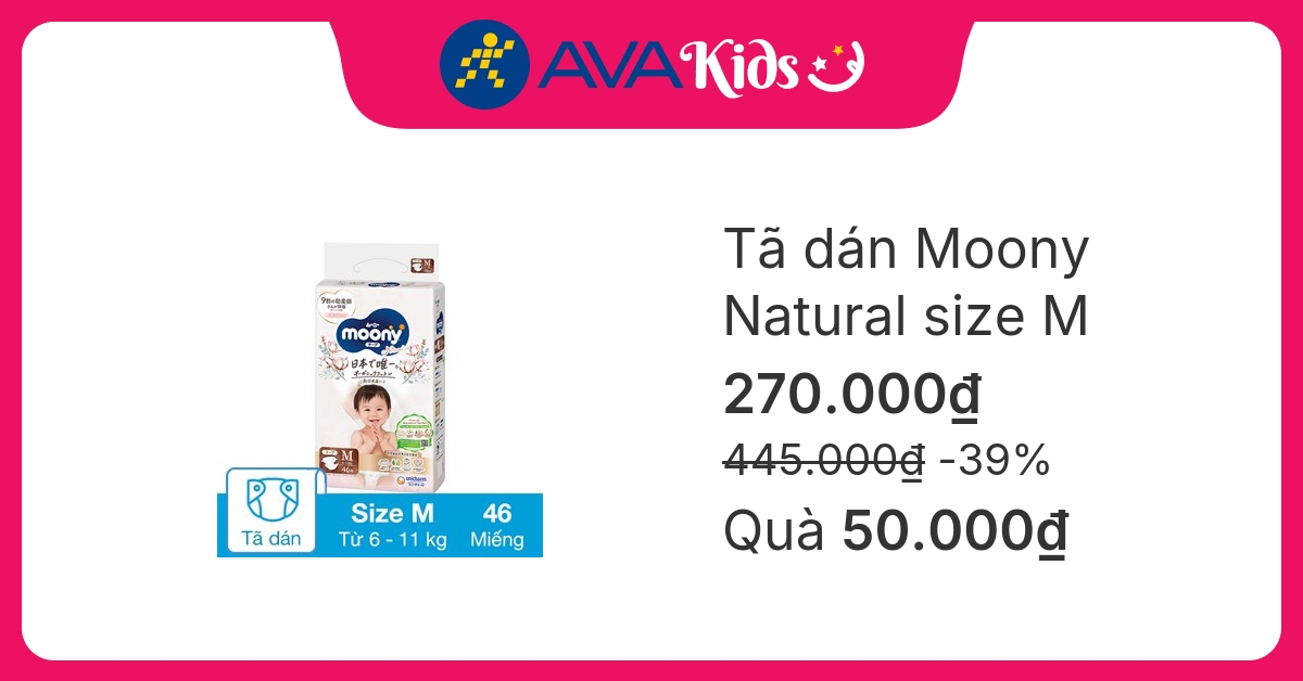 Tã dán Moony Natural size M 46 miếng (6 - 11 kg)