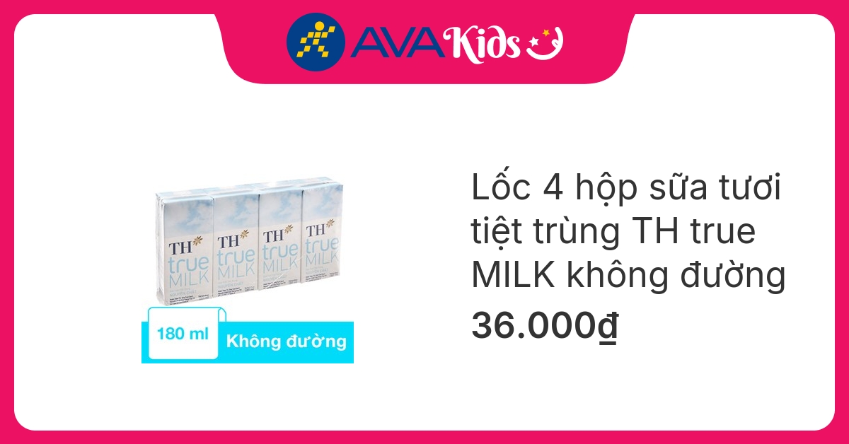 Lốc 4 hộp sữa tươi tiệt trùng TH true MILK không đường 180 ml (từ 1 tuổi)