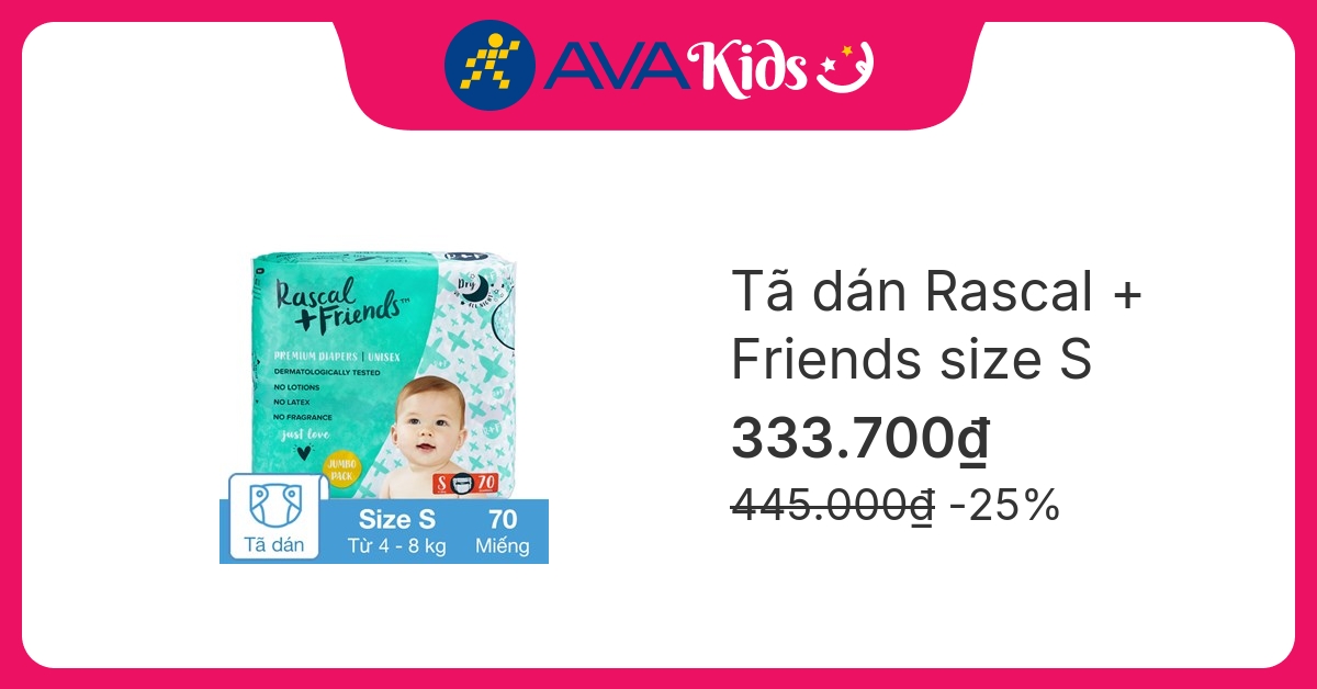 Tã dán Rascal + Friends size S 70 miếng (4 - 8 kg)