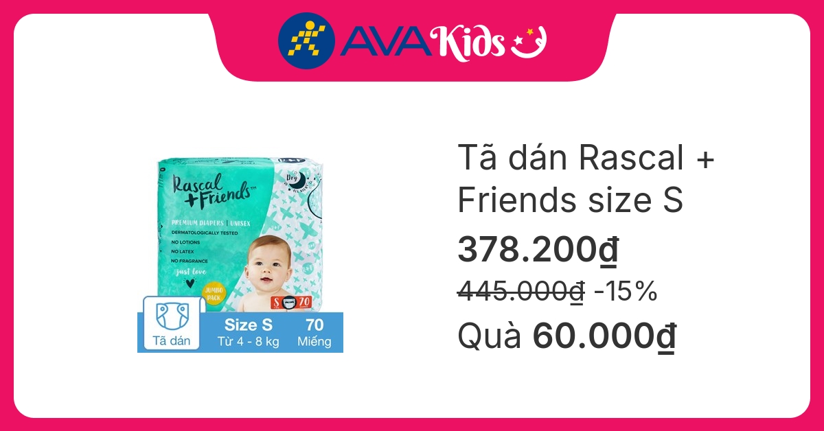 Tã dán Rascal + Friends size S 70 miếng (4 - 8 kg)