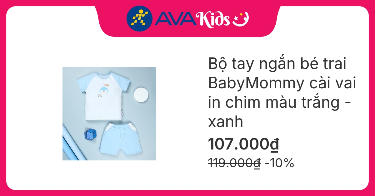Bộ tay ngắn bé trai BabyMommy cài vai in chim màu trắng - xanh