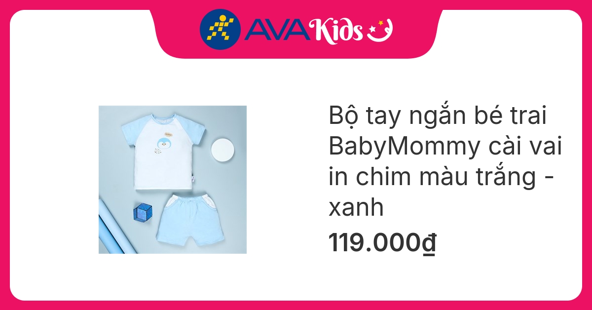 Bộ tay ngắn bé trai BabyMommy cài vai in chim màu trắng - xanh