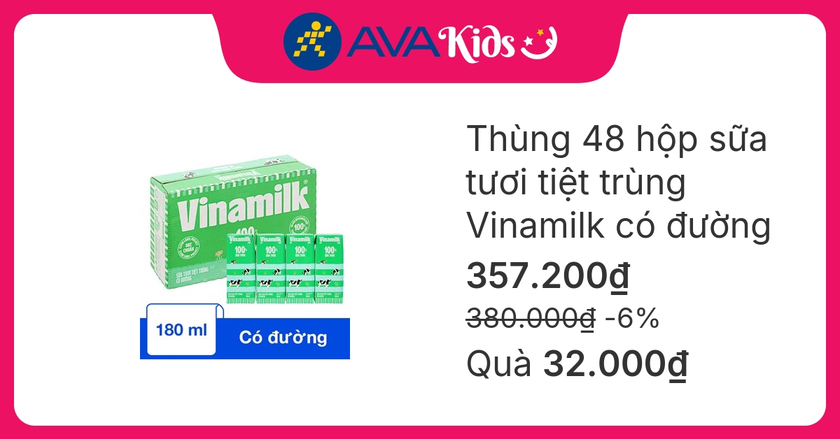 Thùng 48 hộp sữa tươi tiệt trùng Vinamilk có đường 180 ml (từ 1 tuổi)