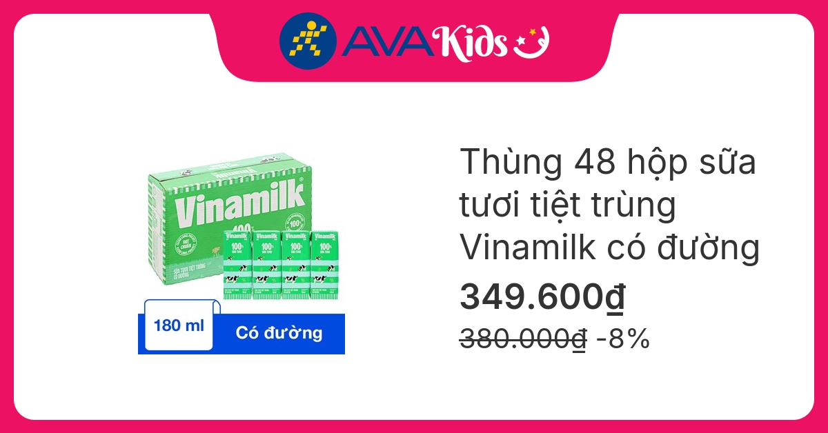 Thùng 48 hộp sữa tươi tiệt trùng Vinamilk có đường 180 ml (từ 1 tuổi)