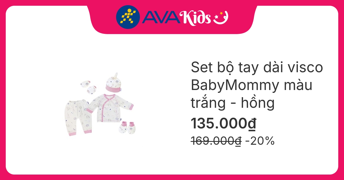 Set bộ tay dài cài chéo BabyMommy màu trắng – hồng hover