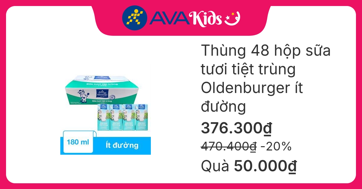 Thùng 48 hộp sữa tươi tiệt trùng Oldenburger ít đường 180 ml (từ 1 tuổi)