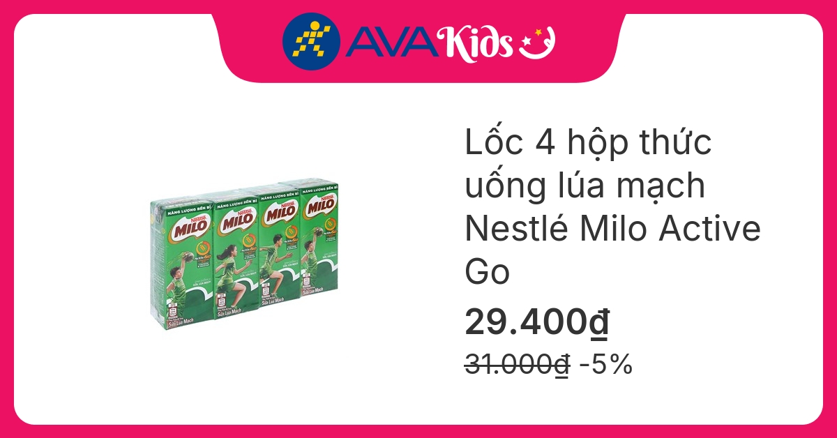 Lốc 4 hộp thức uống lúa mạch Nestlé Milo Active Go 180 ml (từ 2 tuổi)