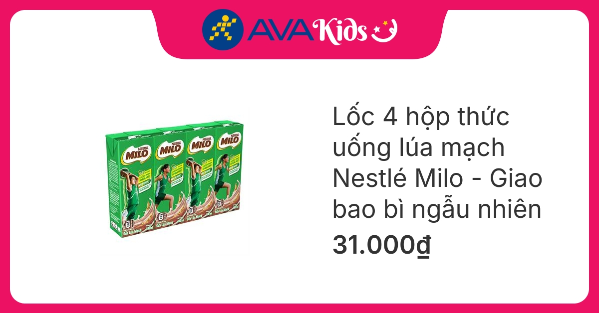 Lốc 4 hộp thức uống lúa mạch Nestlé Milo 180 ml (từ 2 tuổi) - Giao bao bì ngẫu nhiên