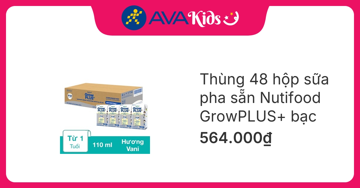 Thùng 48 hộp sữa pha sẵn Nutifood GrowPLUS+ bạc hương vani 110 ml (từ 1 tuổi)