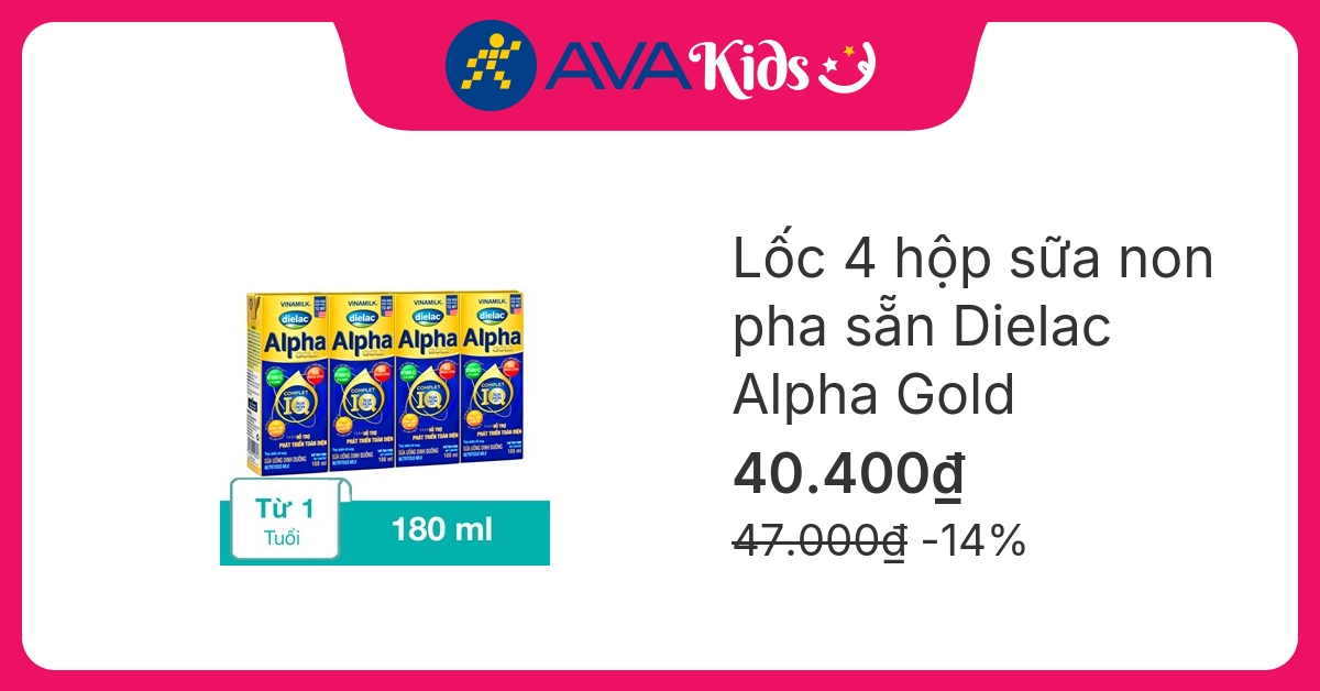 Lốc 4 hộp sữa non pha sẵn Dielac Alpha Gold 180 ml (từ 1 tuổi)