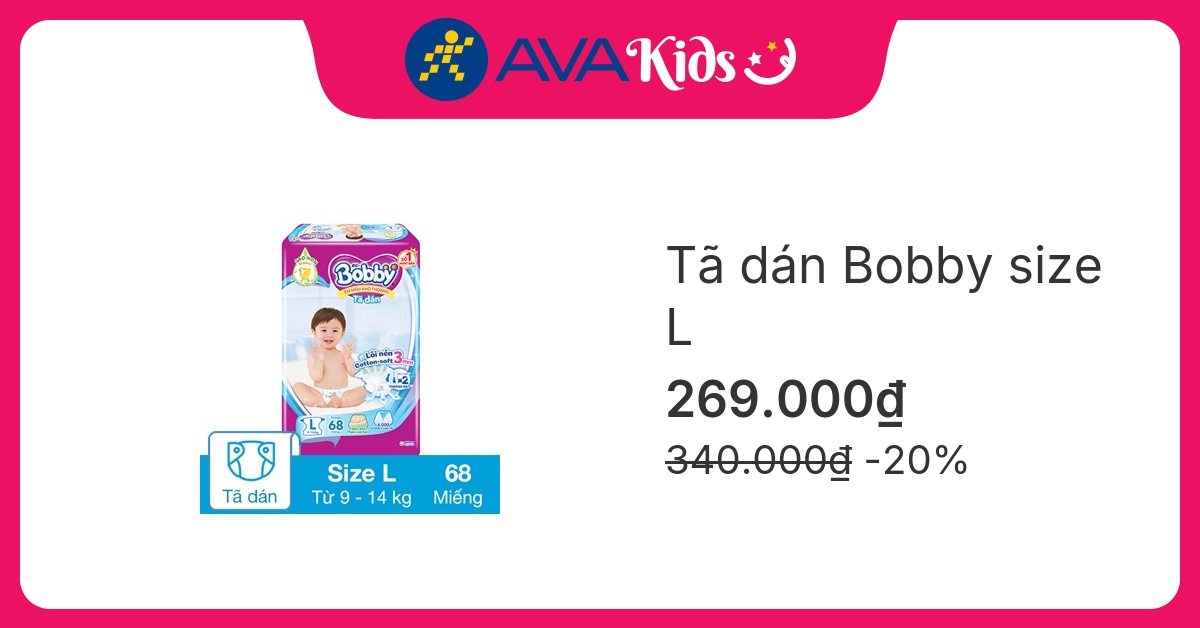 Tã dán Bobby size L 68 miếng (9 - 14 kg)