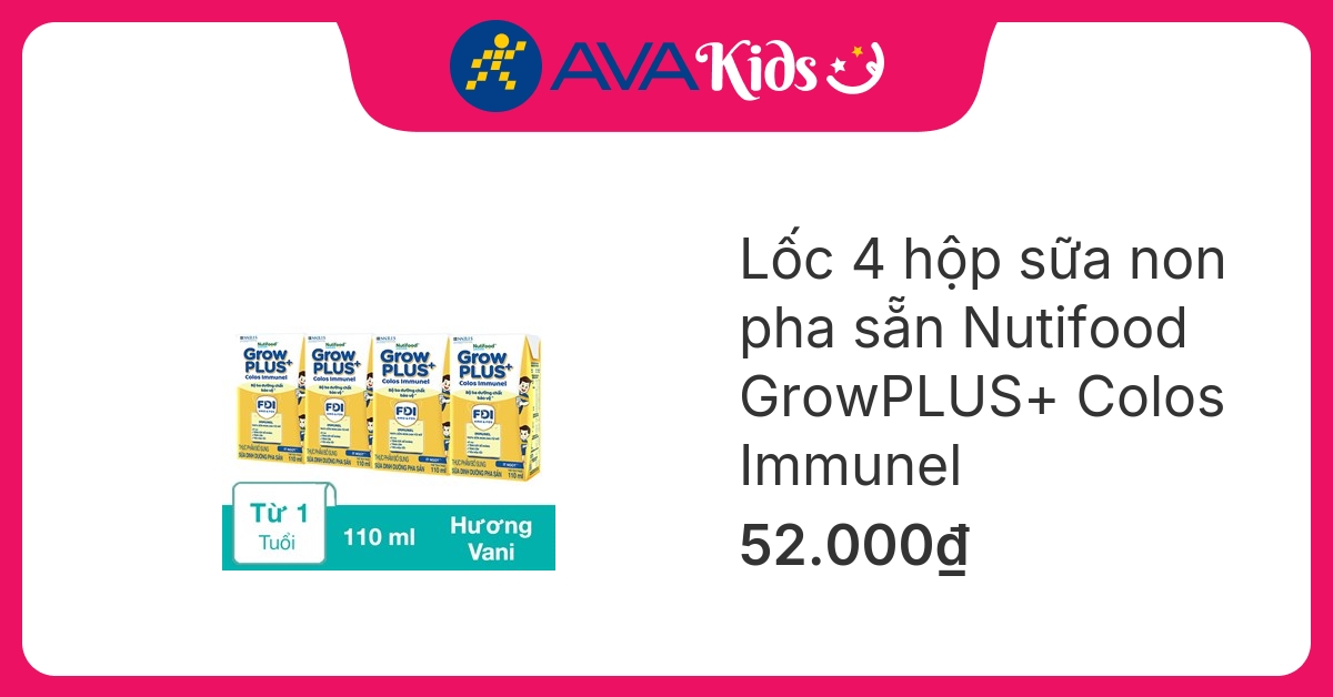 Lốc 4 hộp sữa non pha sẵn Nutifood GrowPLUS+ Colos Immunel hương vani 110 ml (từ 1 tuổi)