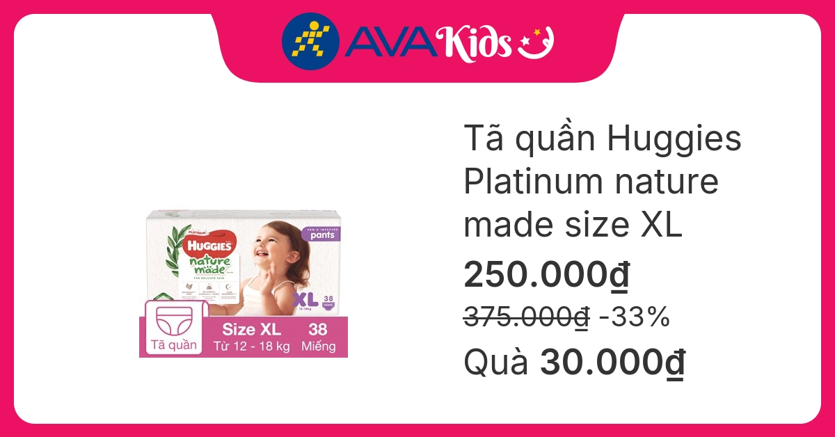 Tã quần Huggies Platinum nature made siêu cao cấp size XL 38 miếng (12 - 18 kg)