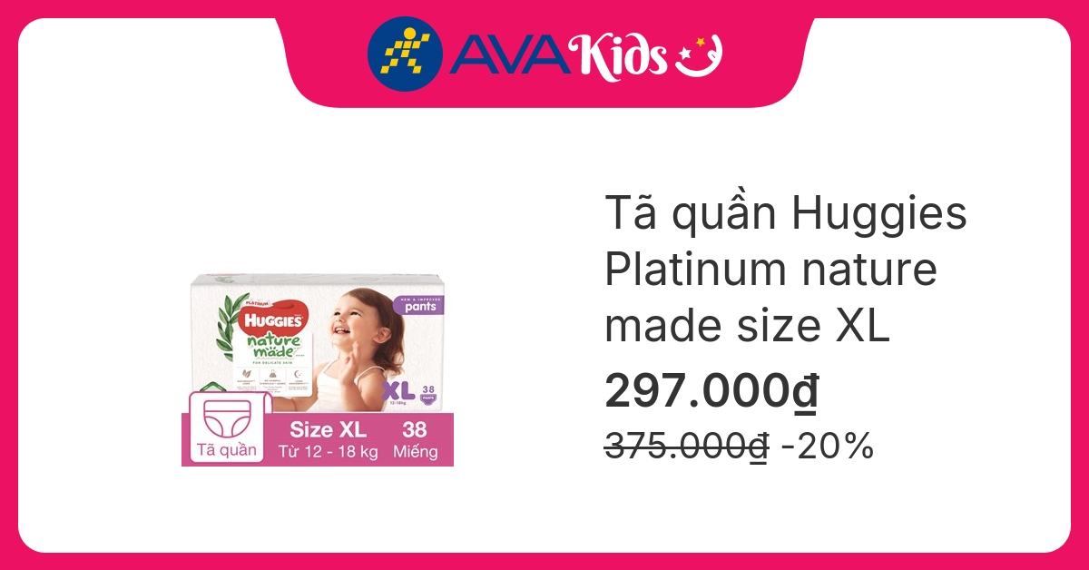 Tã quần Huggies Platinum nature made siêu cao cấp size XL 38 miếng (12 - 18 kg)