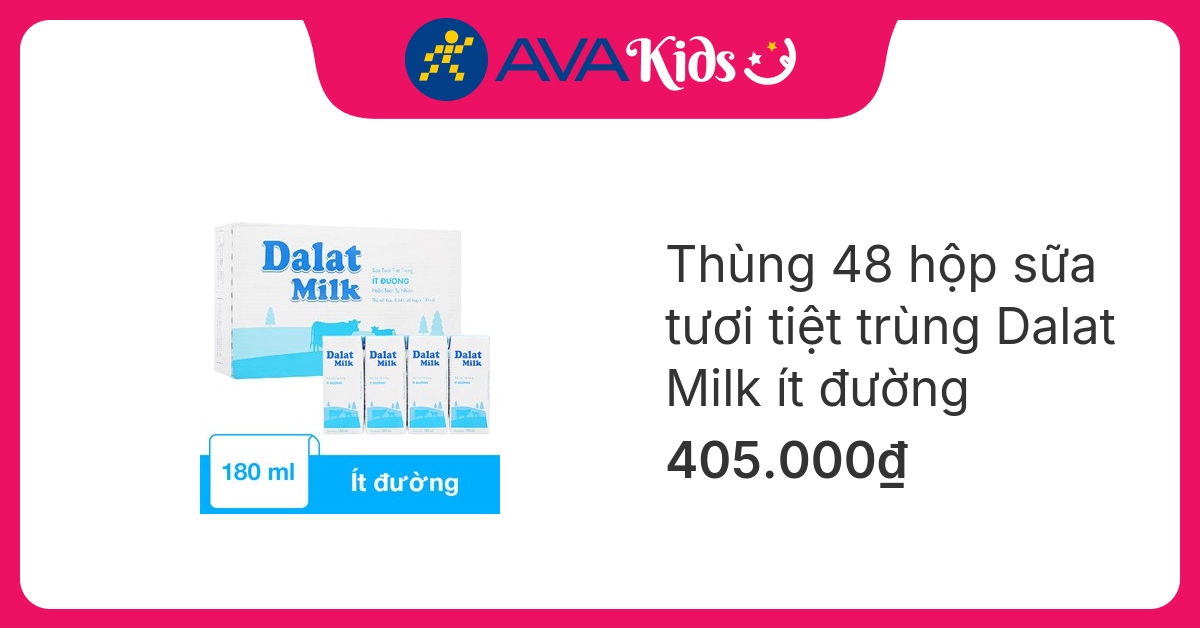 Thùng 48 hộp sữa tươi tiệt trùng Dalat Milk ít đường 180 ml (từ 1 tuổi)